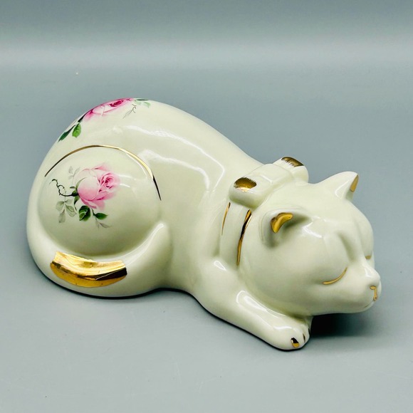 Vintage Ceramic Sleeping Cat Adorned With Pink Roses and Gold Accents 7” - Picture 1 of 9